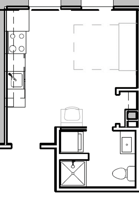 a floor plan of a room with a kitchen and a table with a microwave